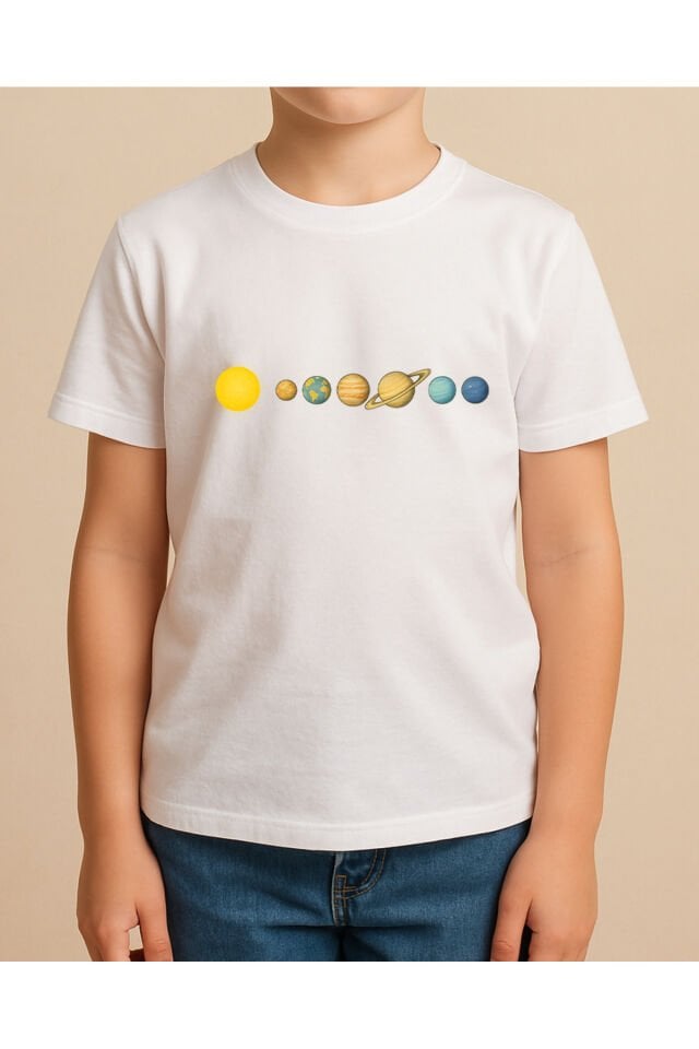 Tişört Unisex Çocuk (Gezegenler Çizgi) Erkek Beyaz - 4-5 Yaş