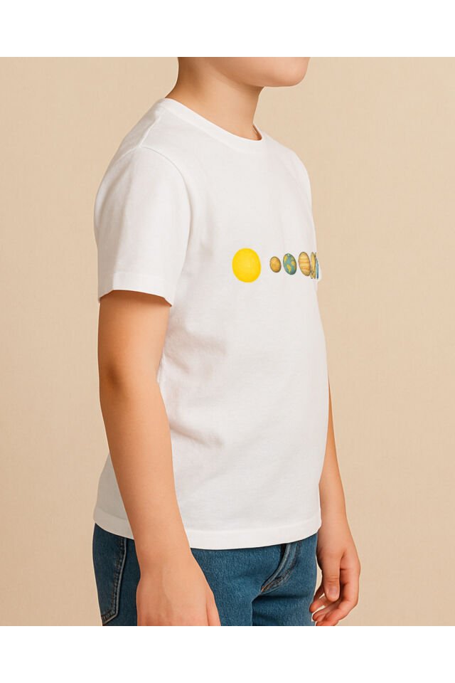 Tişört Unisex Çocuk (Gezegenler Çizgi) Erkek Beyaz - 4-5 Yaş