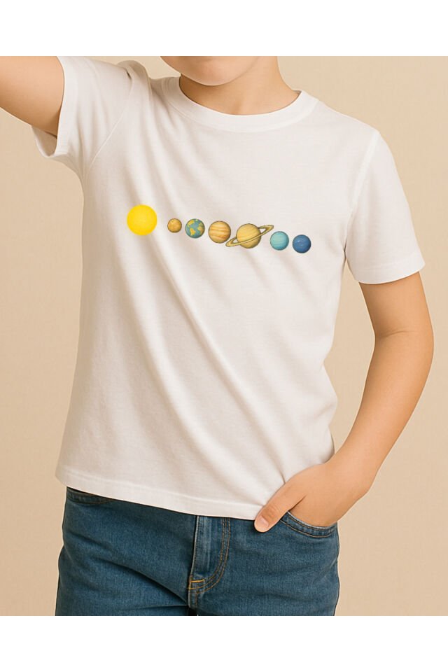 Tişört Unisex Çocuk (Gezegenler Çizgi) Erkek Beyaz - 4-5 Yaş