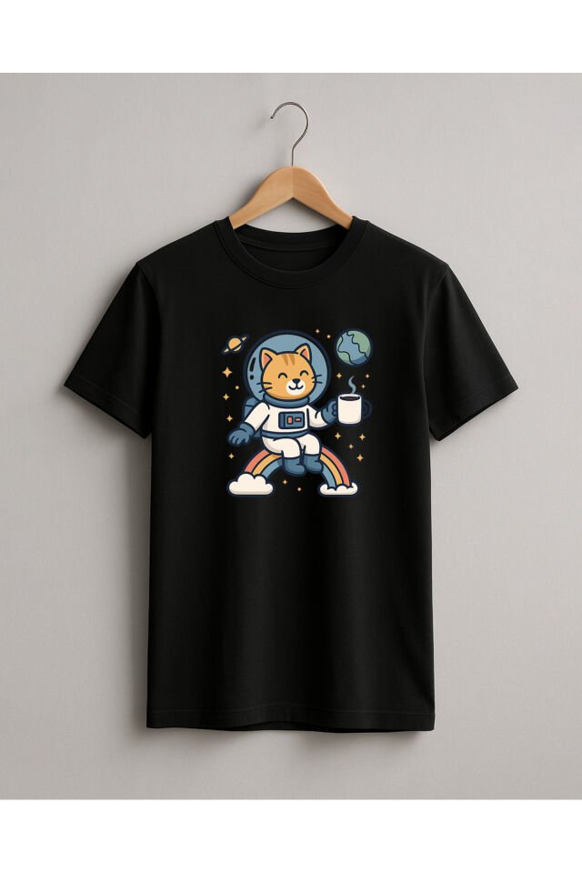 Tişört Unisex (Kedi Astronot) Kadin Si̇yah - M