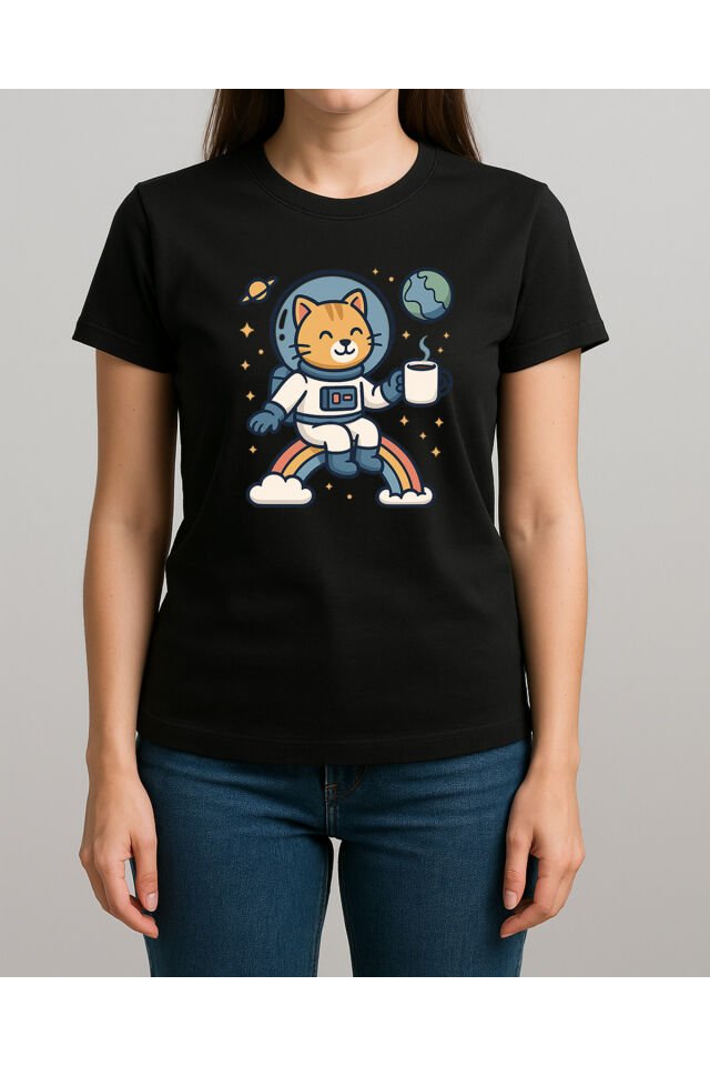 Tişört Unisex (Kedi Astronot) Kadin Si̇yah - M