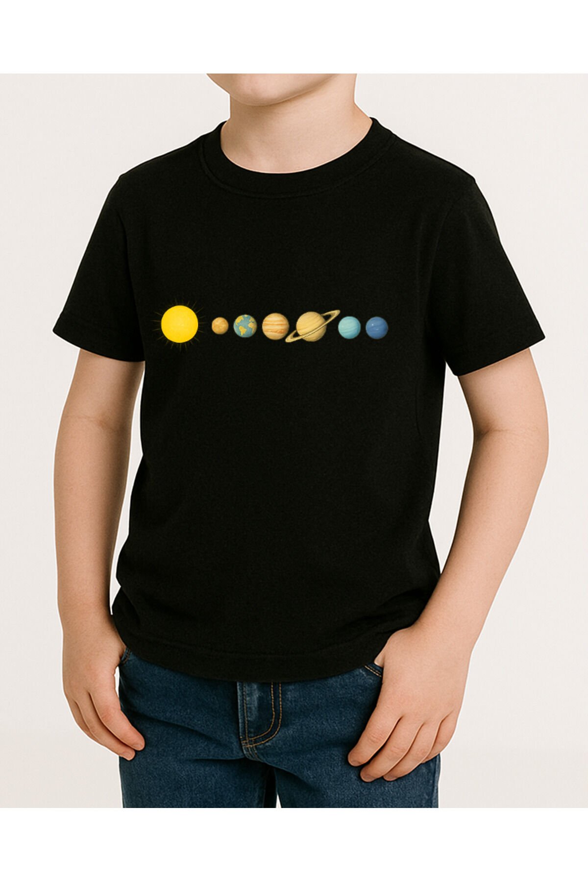 Tişört Unisex Çocuk (Gezegenler Çizgi) Erkek Si̇yah - 10-11 Yaş