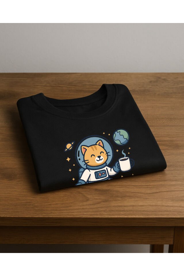 Tişört Unisex (Kedi Astronot) Erkek Si̇yah - XL