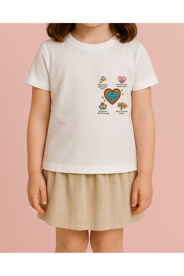 Tişört Unisex (Renkli Kalp) Kadin Beyaz - 10-11 Yaş