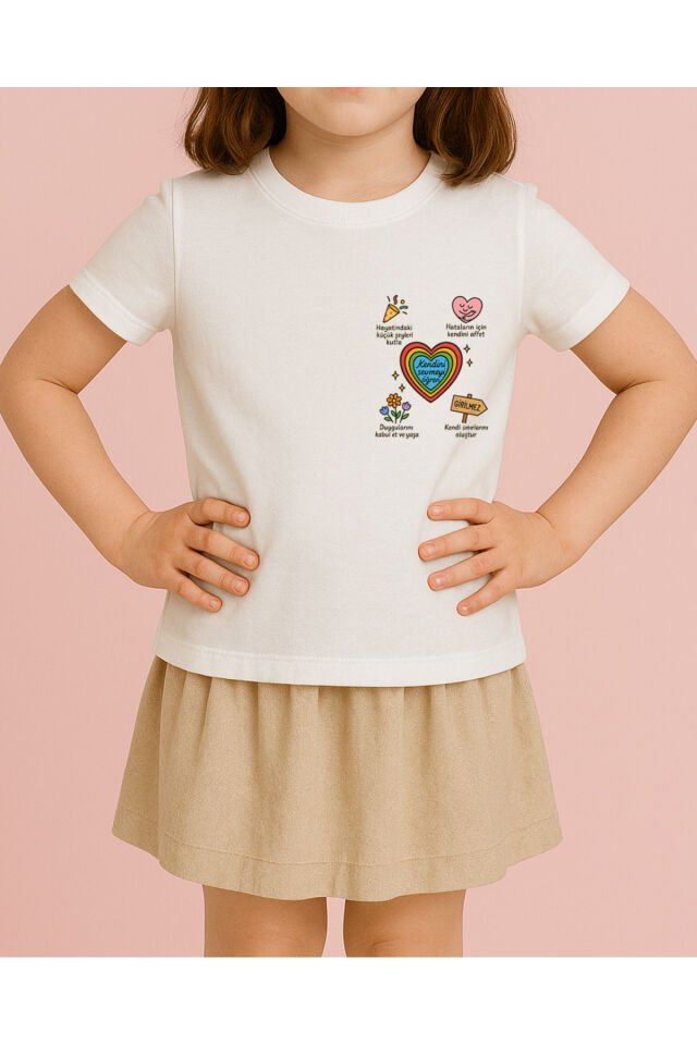 Tişört Unisex (Renkli Kalp) Kadin Beyaz - 10-11 Yaş