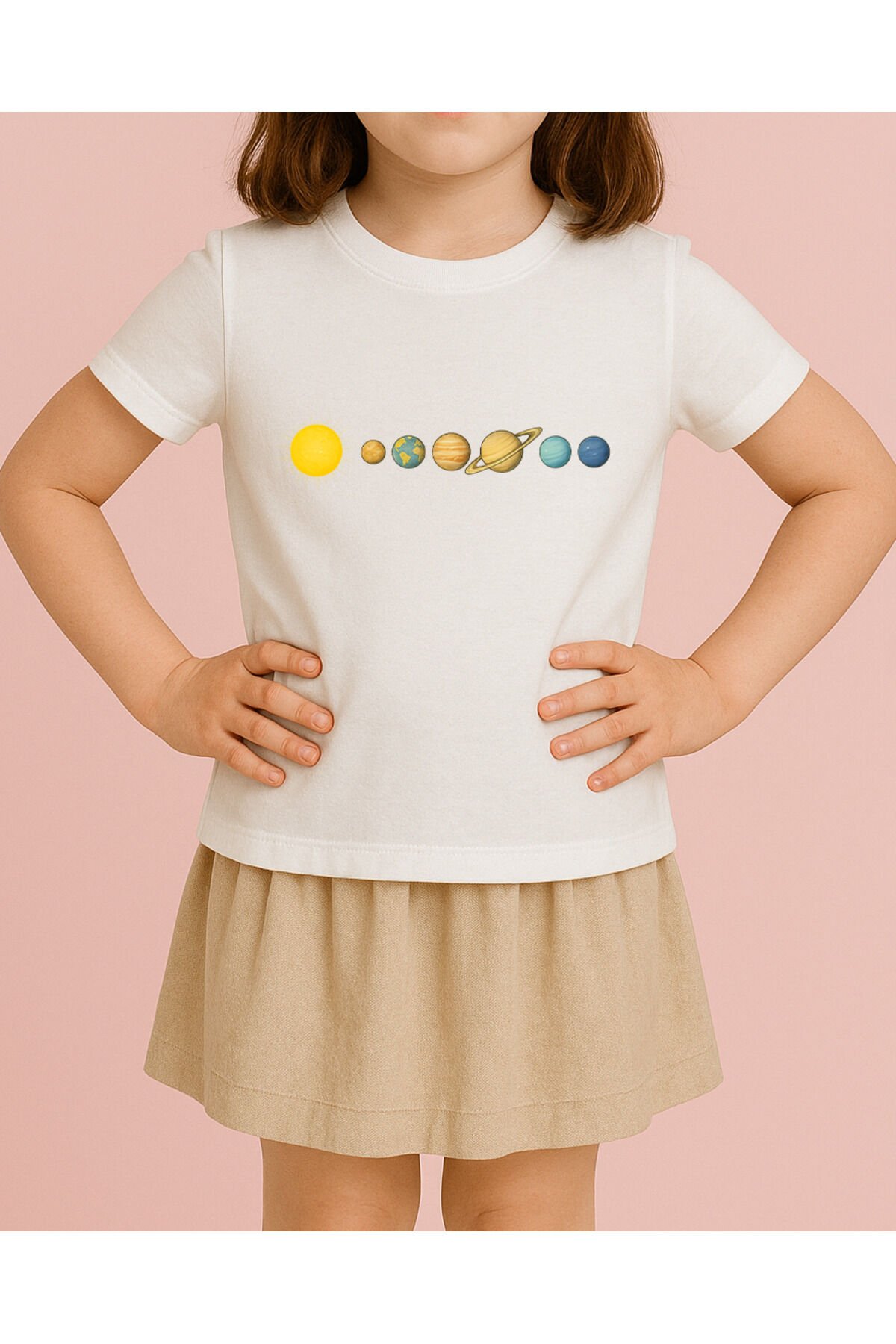 Tişört Unisex Çocuk (Gezegenler Çizgi) Kiz Beyaz - 10-11 Yaş