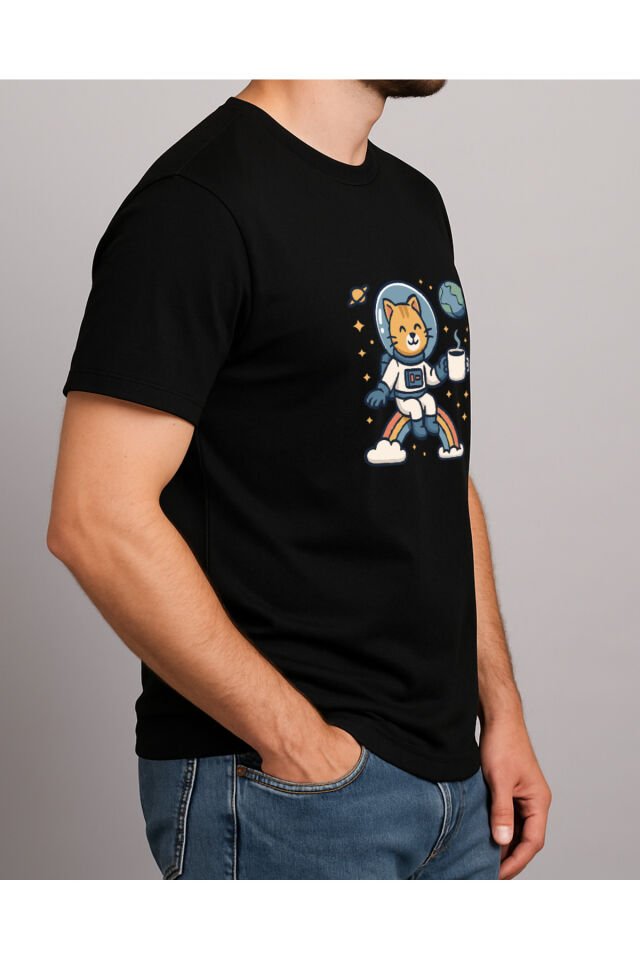 Tişört Unisex (Kedi Astronot) Erkek Si̇yah - 2XL