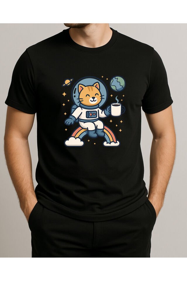 Tişört Unisex (Kedi Astronot) Erkek Si̇yah - 2XL