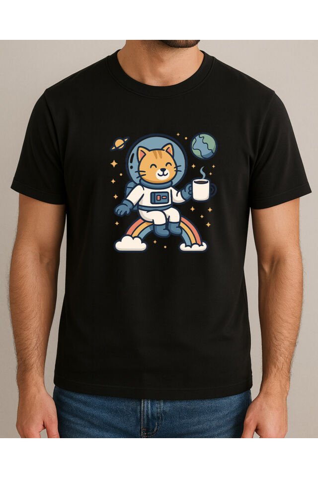 Tişört Unisex (Kedi Astronot) Erkek Si̇yah - M