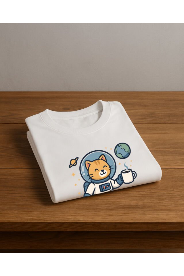 Tişört Unisex Çocuk (Kedi Astronot) Kiz Beyaz - 4-5 Yaş