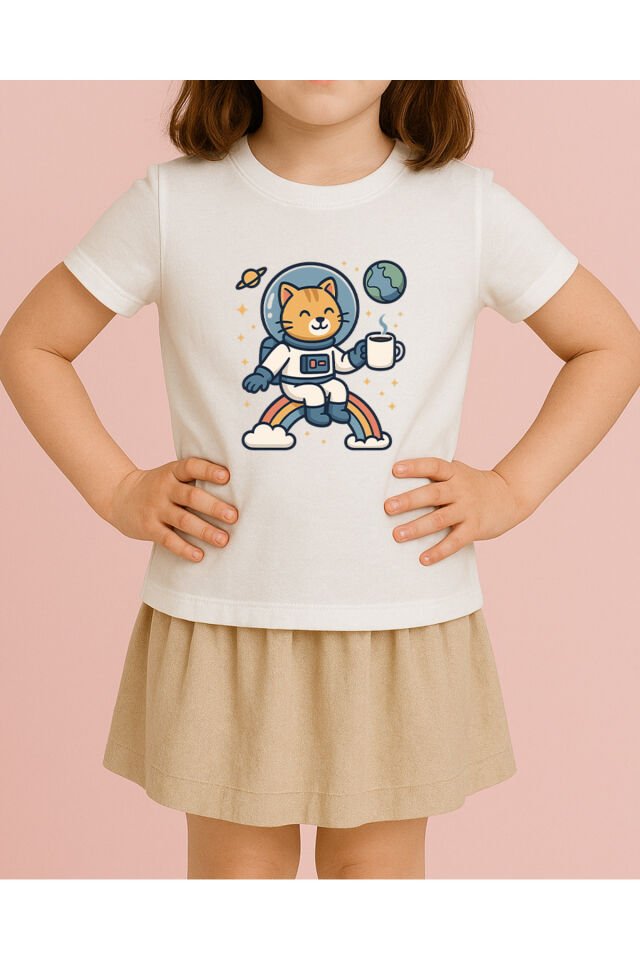 Tişört Unisex Çocuk (Kedi Astronot) Kiz Beyaz - 4-5 Yaş