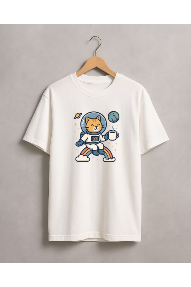 Tişört Unisex Çocuk (Kedi Astronot) Kiz Beyaz - 10-11 Yaş