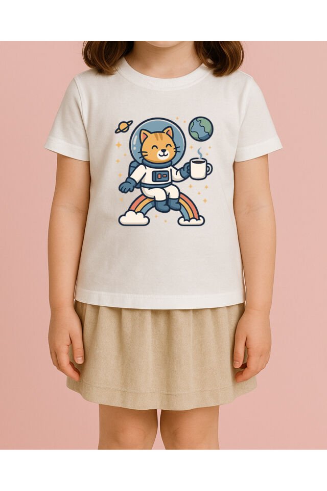 Tişört Unisex Çocuk (Kedi Astronot) Kiz Beyaz - 10-11 Yaş