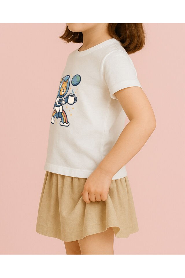 Tişört Unisex Çocuk (Kedi Astronot) Kiz Beyaz - 10-11 Yaş