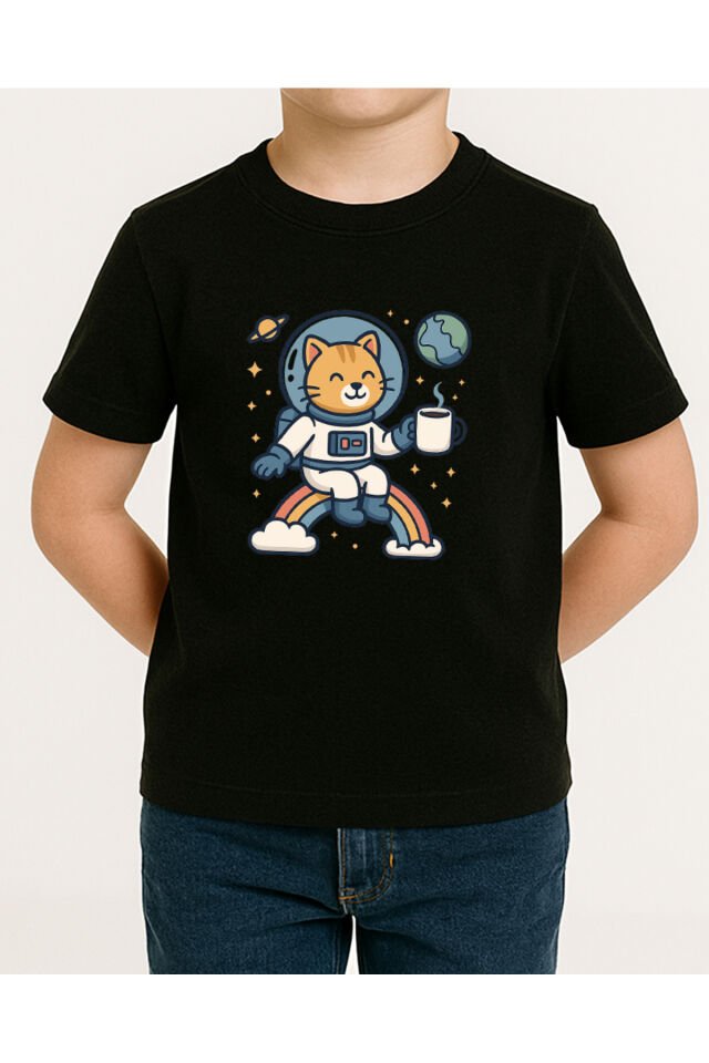 Tişört Unisex Çocuk (Kedi Astronot) Erkek Si̇yah - 10-11 Yaş