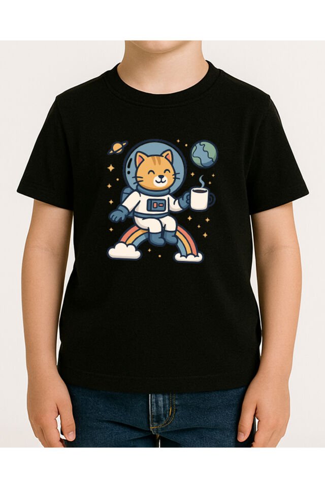 Tişört Unisex Çocuk (Kedi Astronot) Erkek Si̇yah - 4-5 Yaş