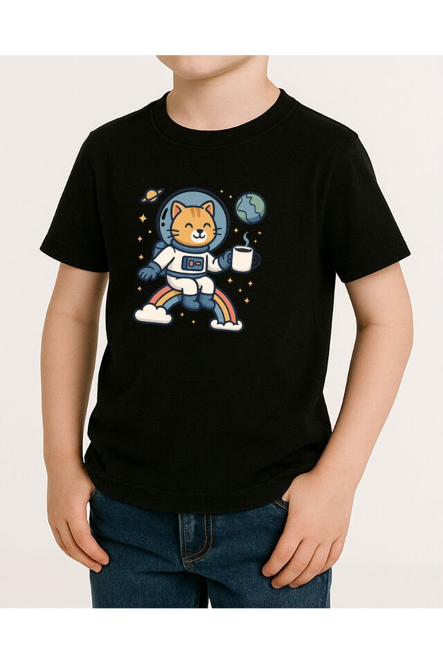Tişört Unisex Çocuk (Kedi Astronot) Erkek Si̇yah - 4-5 Yaş