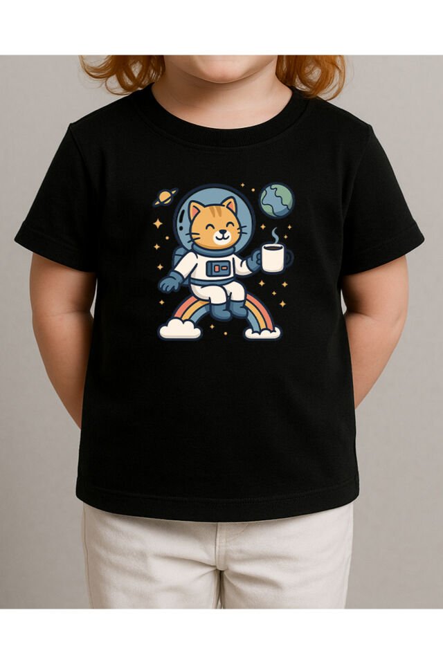 Tişört Unisex Çocuk (Kedi Astronot) Kiz Si̇yah - 4-5 Yaş