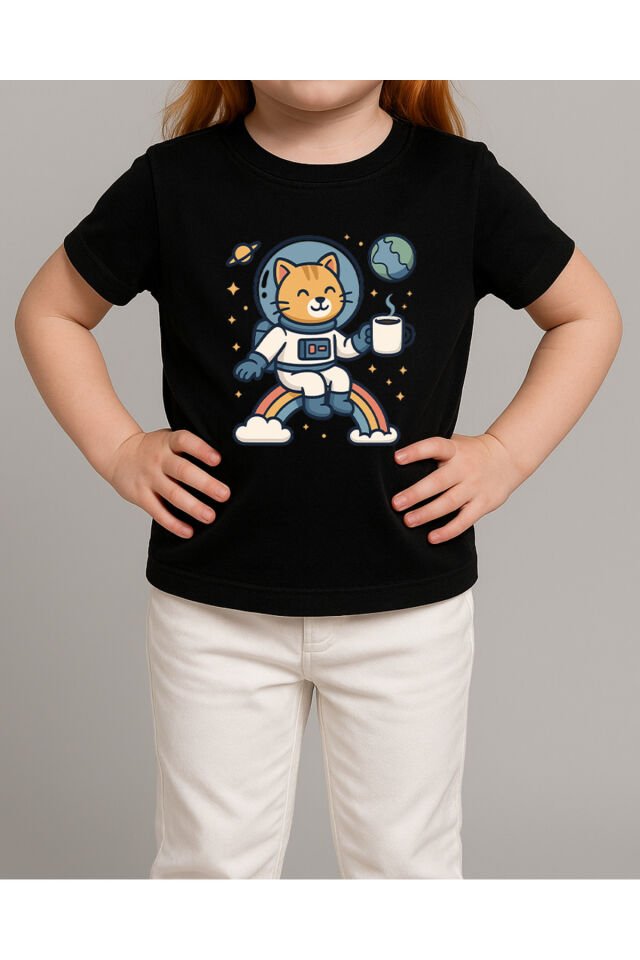 Tişört Unisex Çocuk (Kedi Astronot) Kiz Si̇yah - 4-5 Yaş