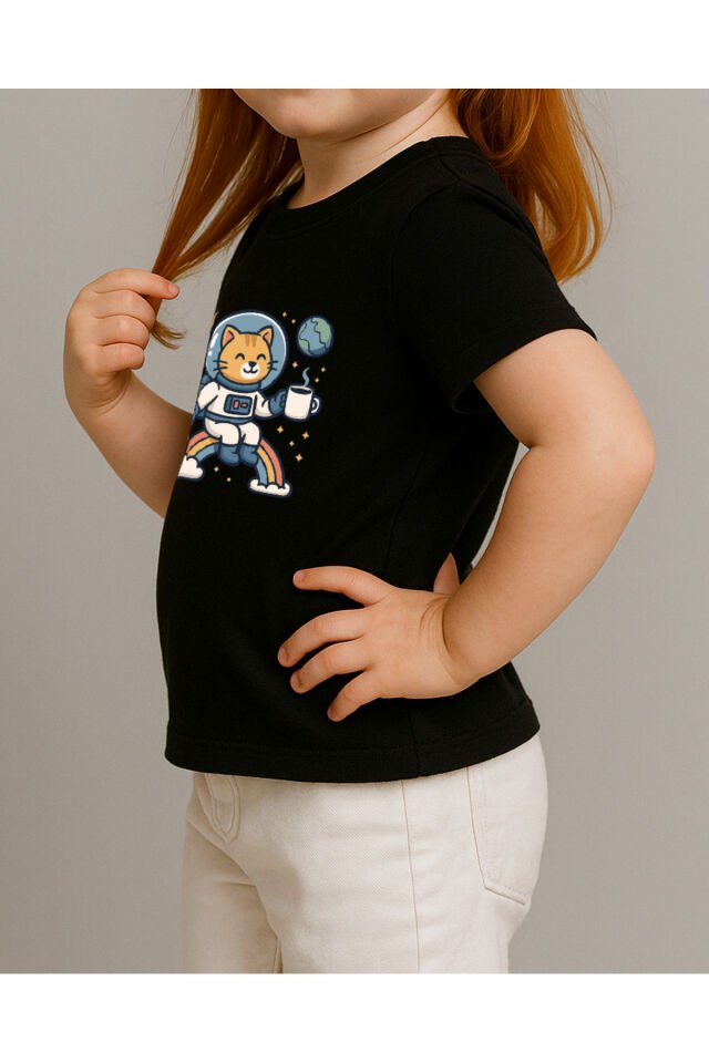 Tişört Unisex Çocuk (Kedi Astronot) Kiz Si̇yah - 10-11 Yaş