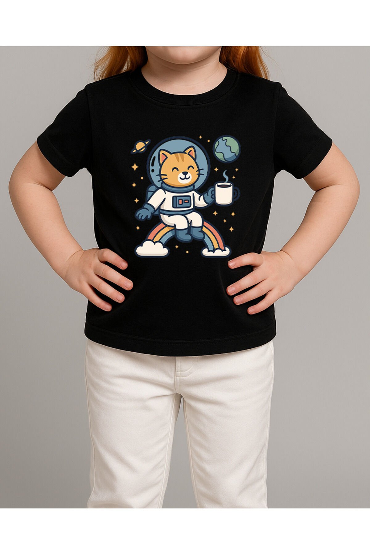 Tişört Unisex Çocuk (Kedi Astronot) Kiz Si̇yah - 10-11 Yaş