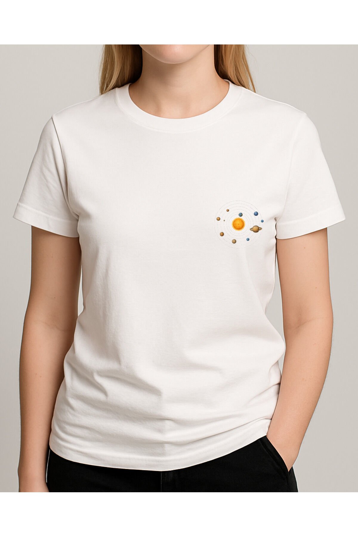 Tişört Unisex (Gezegenler Dağınık) Kadin Beyaz - M