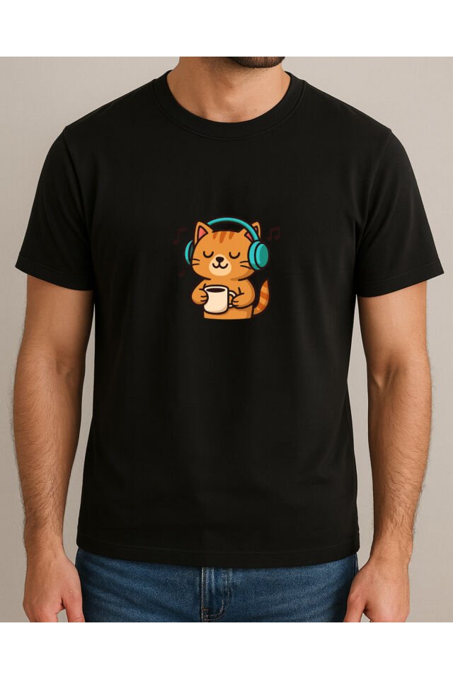 Tişört Unisex (Kedi Müzik) Erkek Si̇yah - S