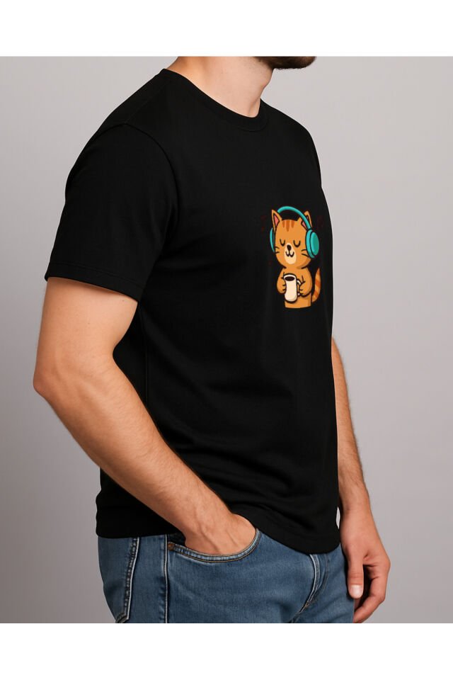 Tişört Unisex (Kedi Müzik) Erkek Si̇yah - 2XL