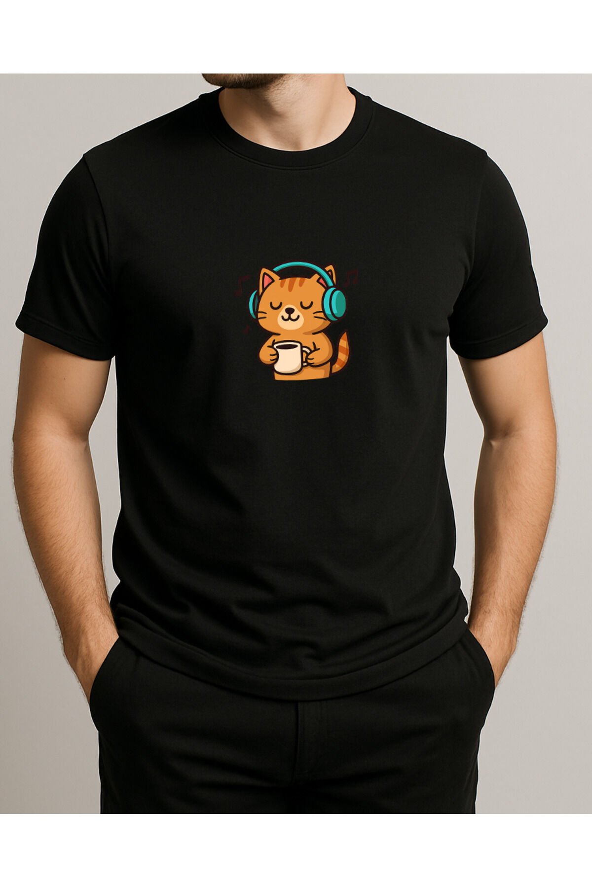 Tişört Unisex (Kedi Müzik) Erkek Si̇yah - 2XL