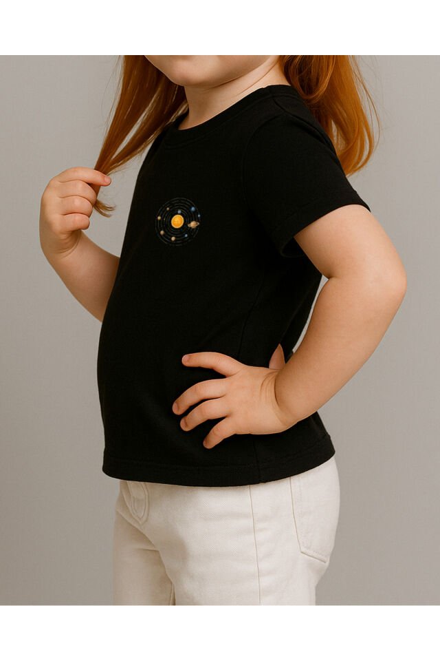 Tişört Unisex Çocuk (Gezegenler Dağınık) Kiz Si̇yah - 4-5 Yaş