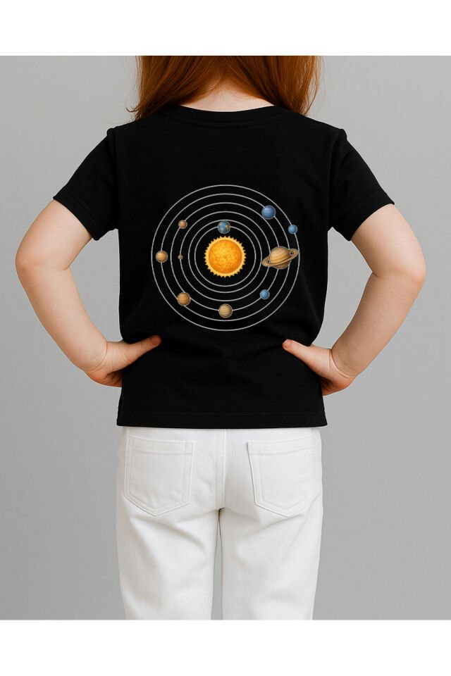 Tişört Unisex Çocuk (Gezegenler Dağınık) Kiz Si̇yah - 4-5 Yaş