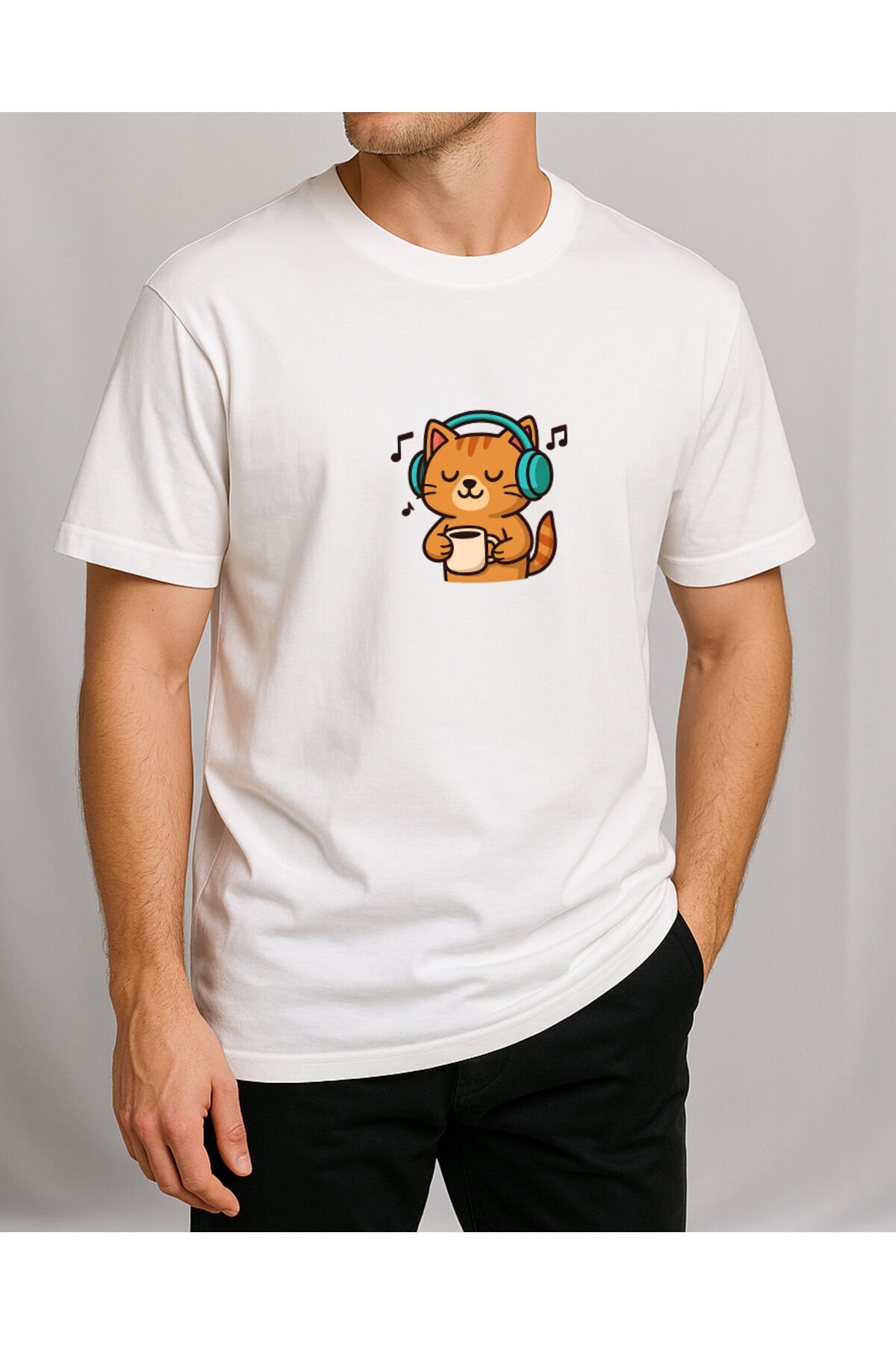 Tişört Unisex (Kedi Müzik) Erkek Beyaz - M