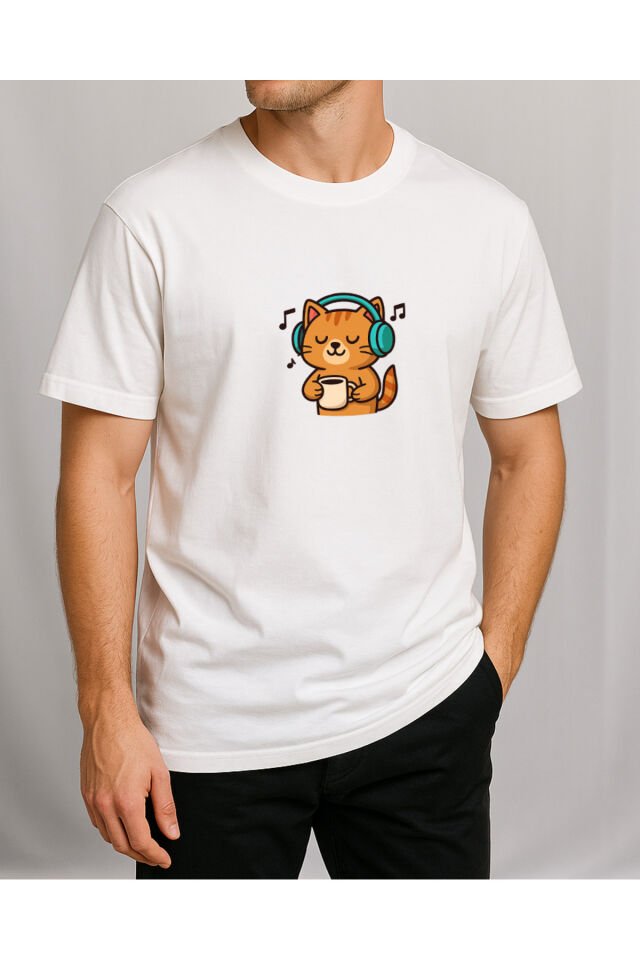Tişört Unisex (Kedi Müzik) Erkek Beyaz - L