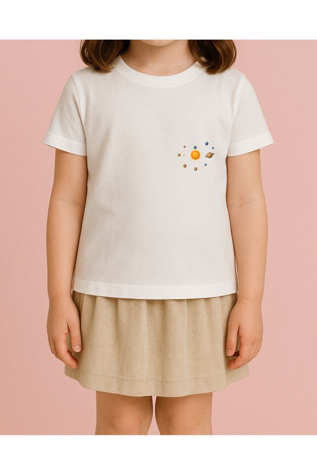 Tişört Unisex Çocuk (Gezegenler Dağınık) Kiz Beyaz - 10-11 Yaş