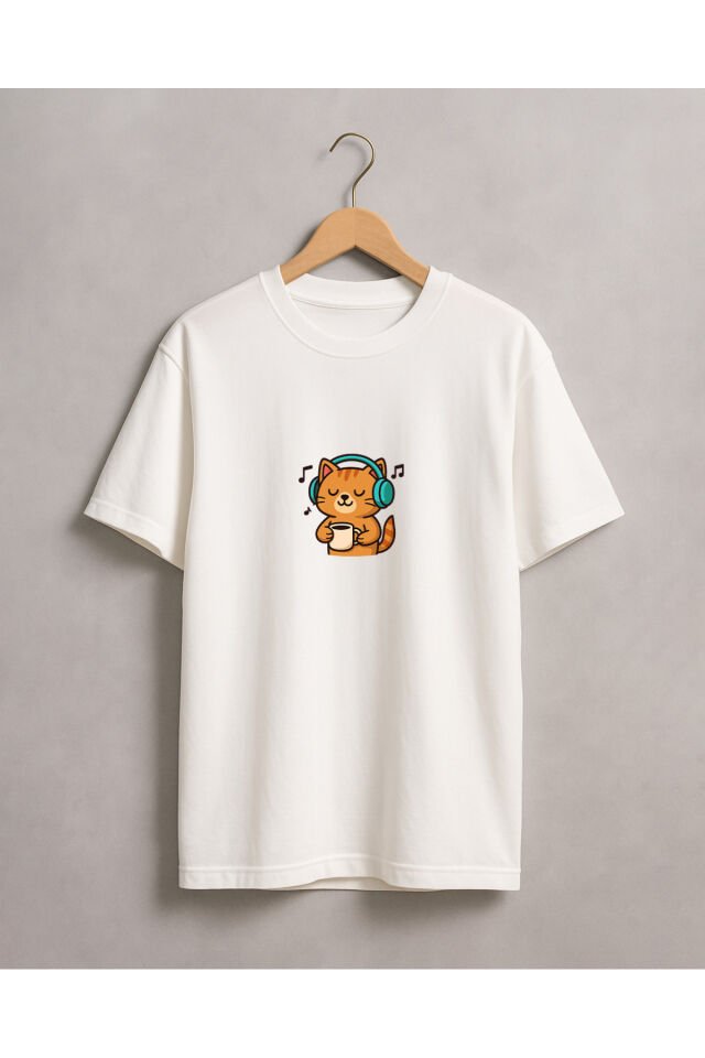 Tişört Unisex (Kedi Müzik) Erkek Beyaz - S