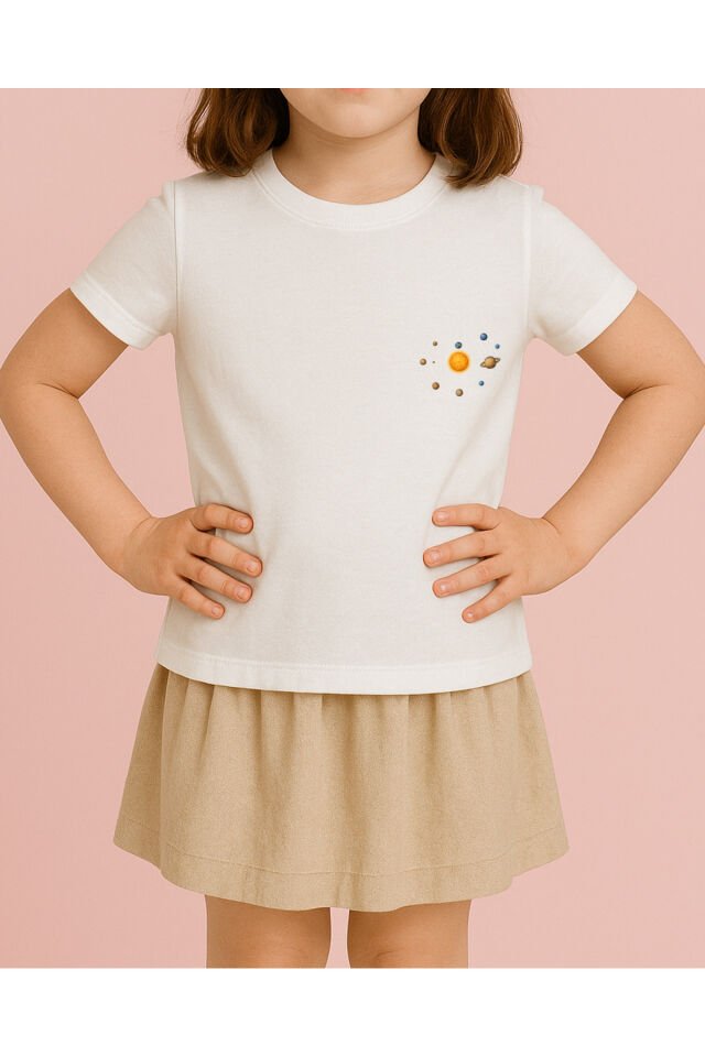 Tişört Unisex Çocuk (Gezegenler Dağınık) Kiz Beyaz - 4-5 Yaş