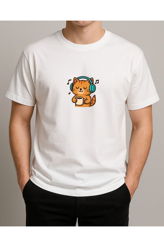Tişört Unisex (Kedi Müzik) Erkek Beyaz - 2XL