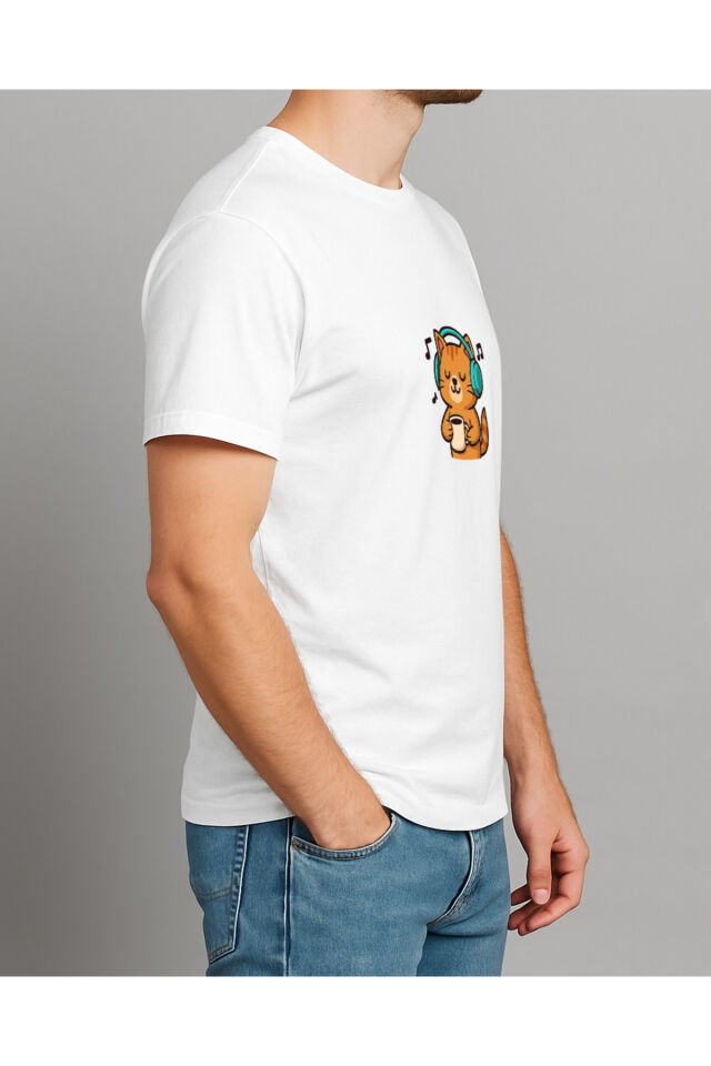 Tişört Unisex (Kedi Müzik) Erkek Beyaz - 2XL