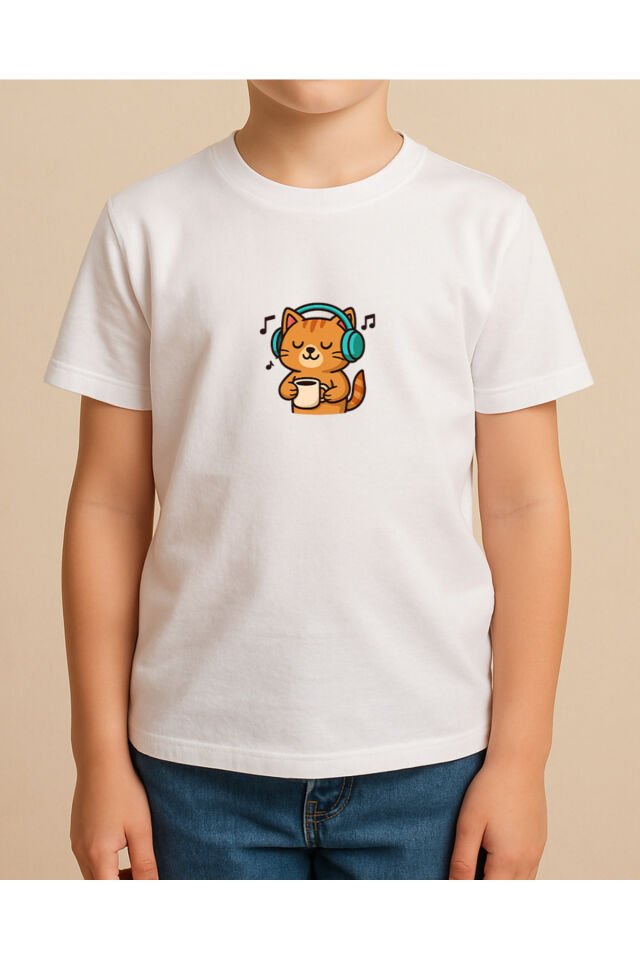 Tişört Unisex Çocuk (Kedi Müzik) Erkek Beyaz - 4-5 Yaş