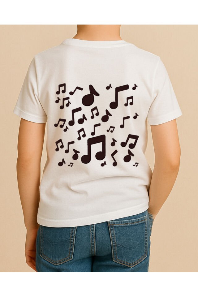 Tişört Unisex Çocuk (Kedi Müzik) Erkek Beyaz - 4-5 Yaş