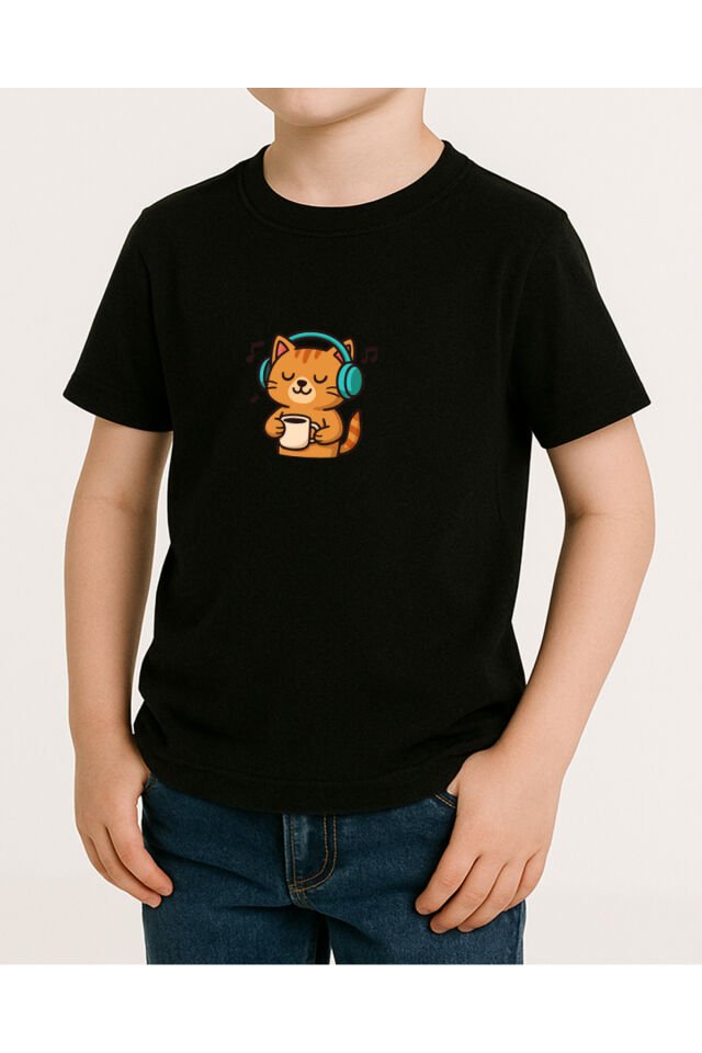 Tişört Unisex Çocuk (Kedi Müzik) Erkek Si̇yah - 10-11 Yaş