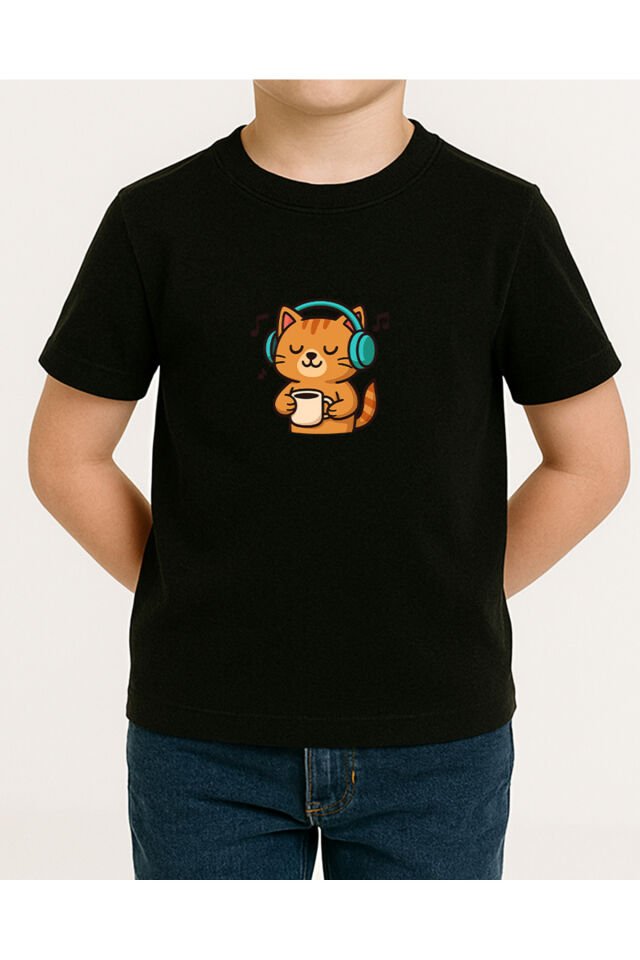 Tişört Unisex Çocuk (Kedi Müzik) Erkek Si̇yah - 4-5 Yaş