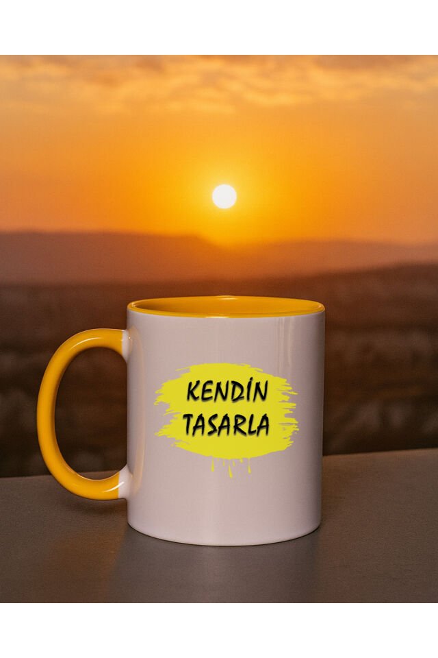 Kendin tasarla bardak - Kişiye özel bardak İçi Kulbu Sarı Bardak