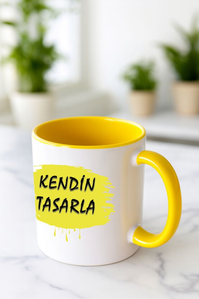 Kendin tasarla bardak - Kişiye özel bardak İçi Kulbu Sarı Bardak