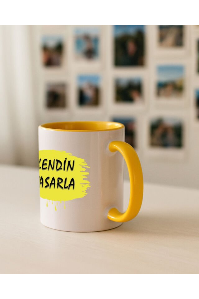 Kendin tasarla bardak - Kişiye özel bardak İçi Kulbu Sarı Bardak