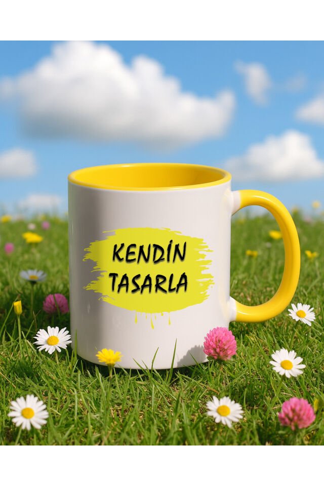 Kendin tasarla bardak - Kişiye özel bardak İçi Kulbu Sarı Bardak