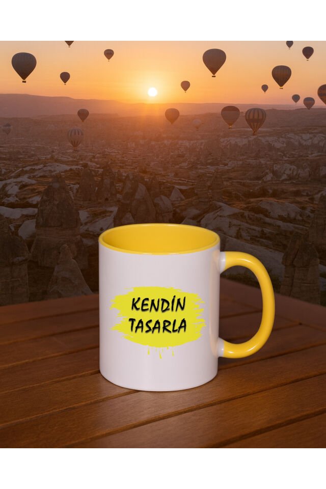 Kendin tasarla bardak - Kişiye özel bardak İçi Kulbu Sarı Bardak