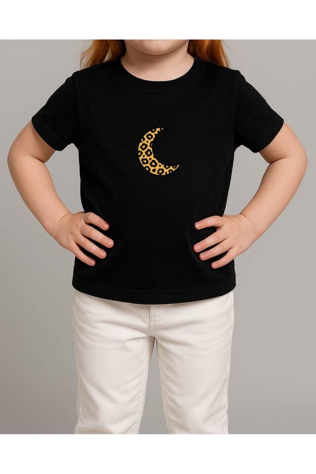 Tişört Unisex Çocuk (Leopar Ay) Kiz Si̇yah - 10-11 Yaş