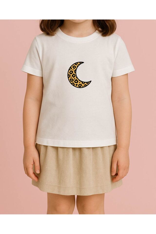 Tişört Unisex Çocuk (Leopar Ay) Kiz Beyaz - 4-5 Yaş