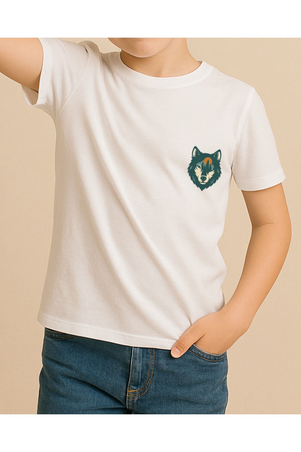 Tişört Unisex Çocuk (Kurt) Erkek Beyaz - 10-11 Yaş